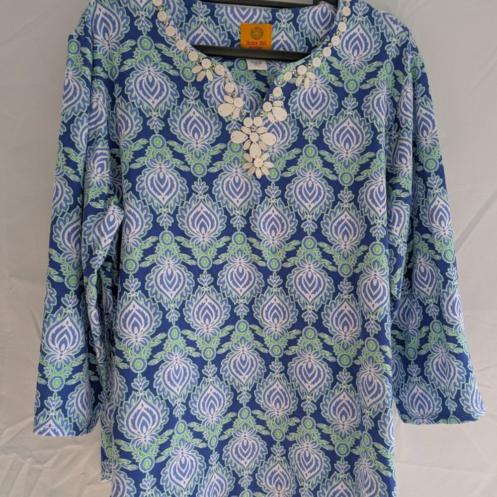 RUBY RD. Embellished Foulard Print Split Round Neck 3/4 Sleeve Knit Top  $20.00